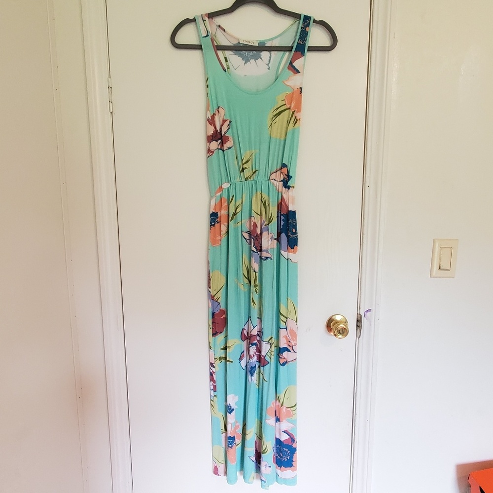 Viamor Maxi Dress Mint Color w/Floral Design